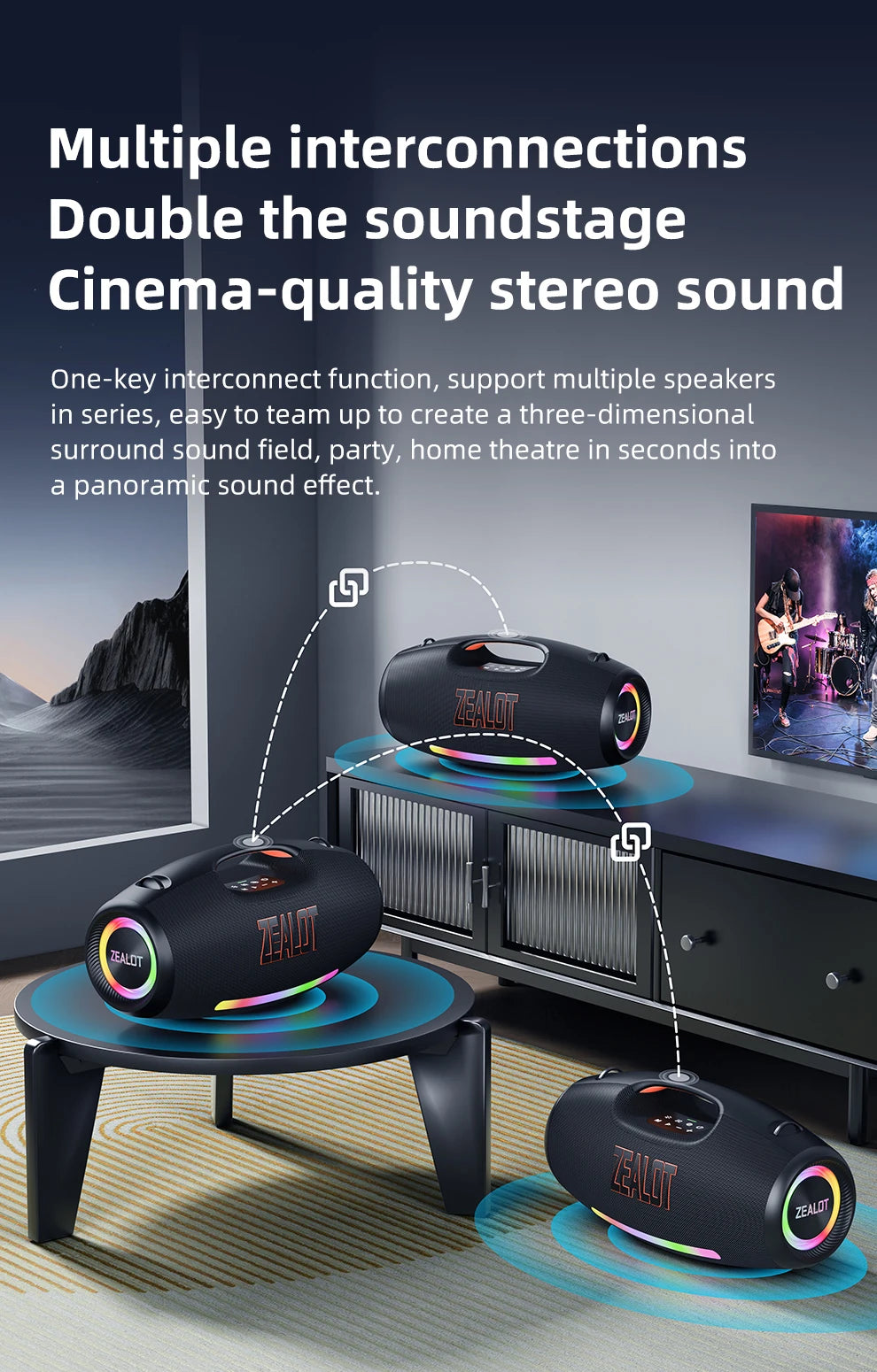 ZEALOT-S89 250W haut-parleur Bluetooth portable haut volume étanche 48000mAh sans fil TWS subwoofer Suporrt USB / TF / AUX RGB lumière.
