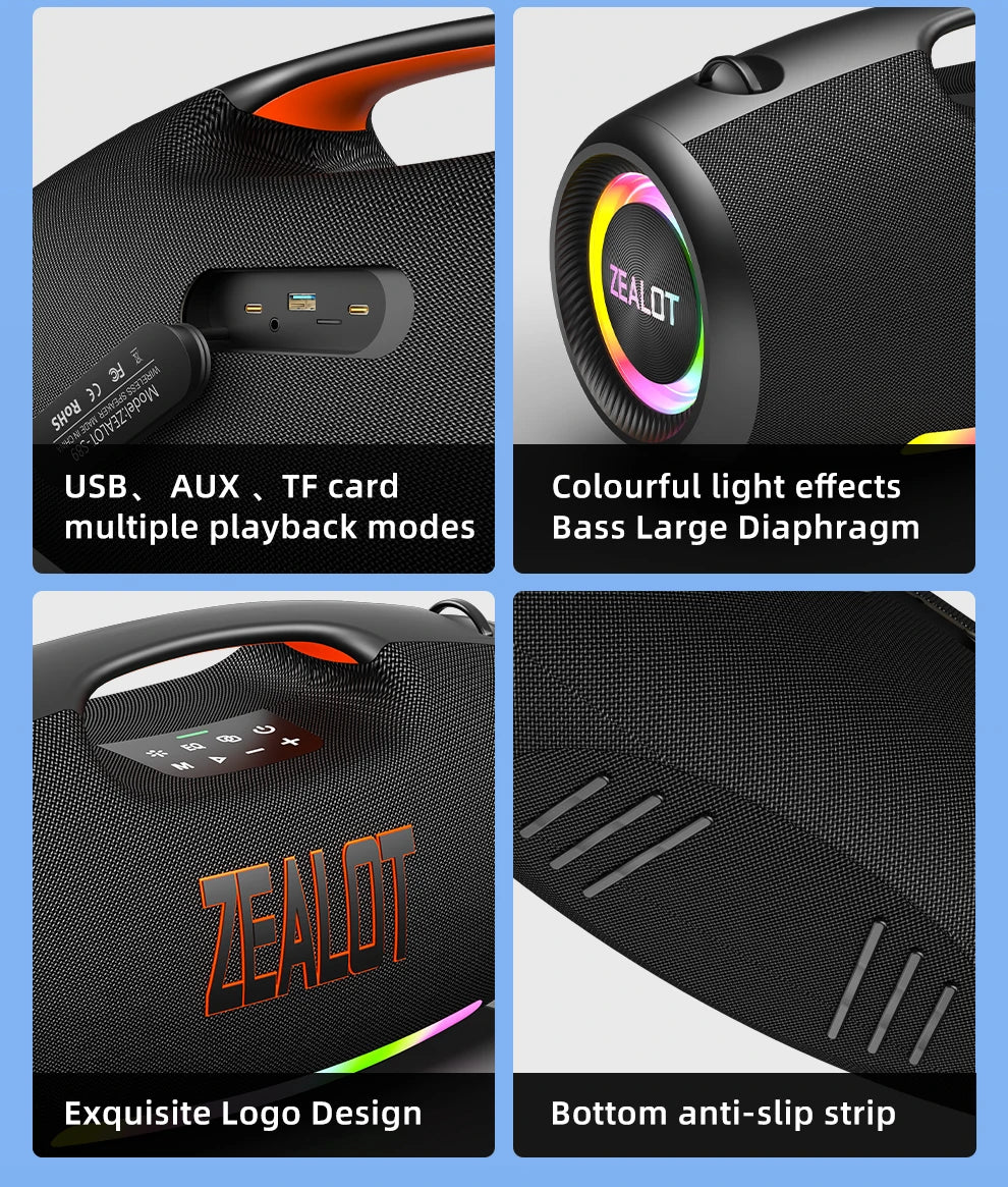ZEALOT-S89 250W haut-parleur Bluetooth portable haut volume étanche 48000mAh sans fil TWS subwoofer Suporrt USB / TF / AUX RGB lumière.