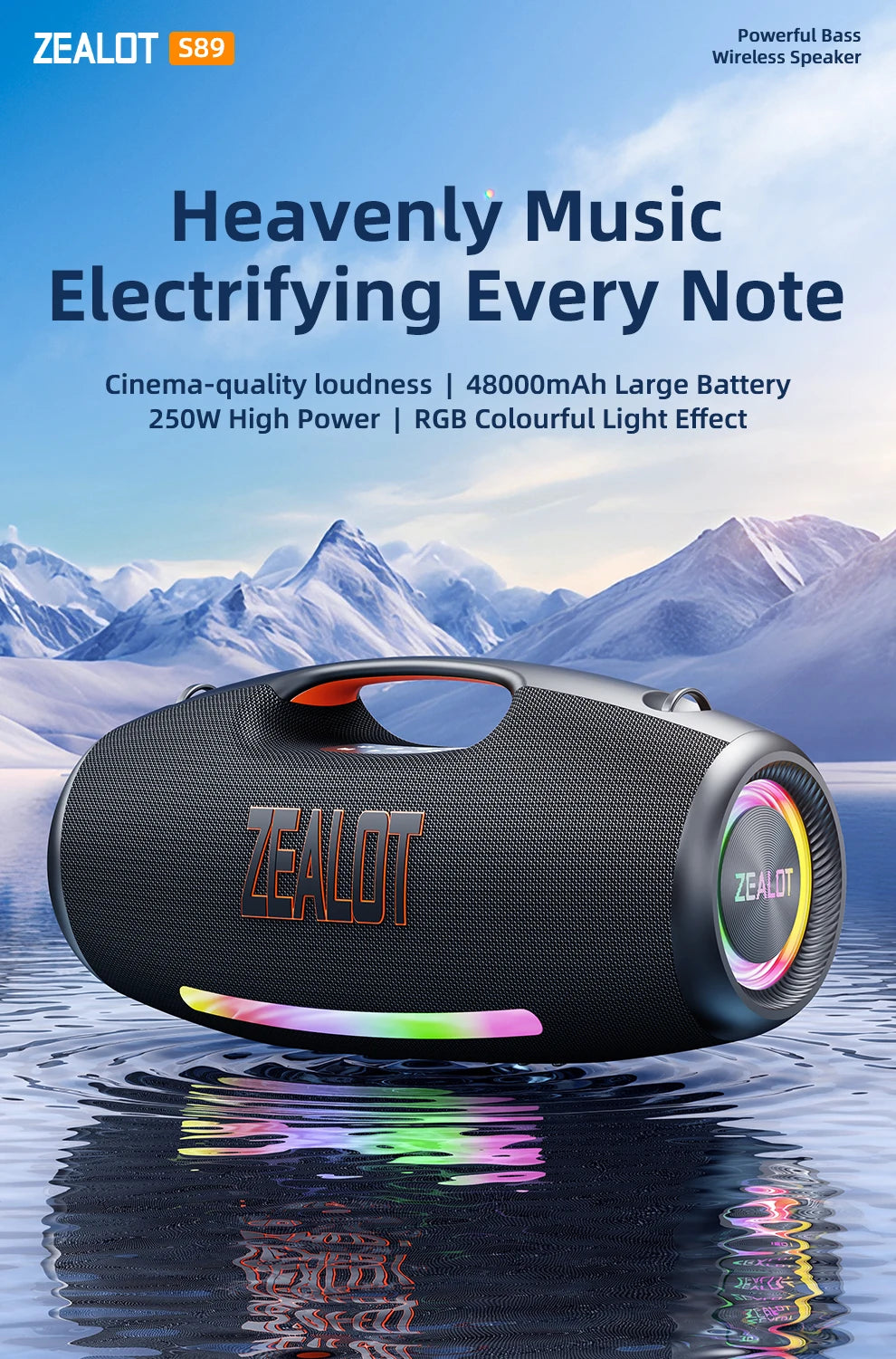 ZEALOT-S89 250W haut-parleur Bluetooth portable haut volume étanche 48000mAh sans fil TWS subwoofer Suporrt USB / TF / AUX RGB lumière.