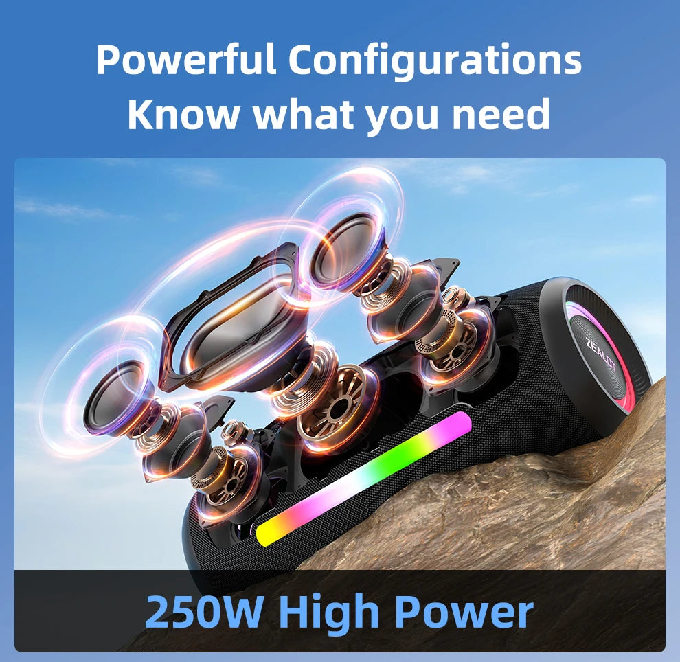 ZEALOT-S89 250W haut-parleur Bluetooth portable haut volume étanche 48000mAh sans fil TWS subwoofer Suporrt USB / TF / AUX RGB lumière.