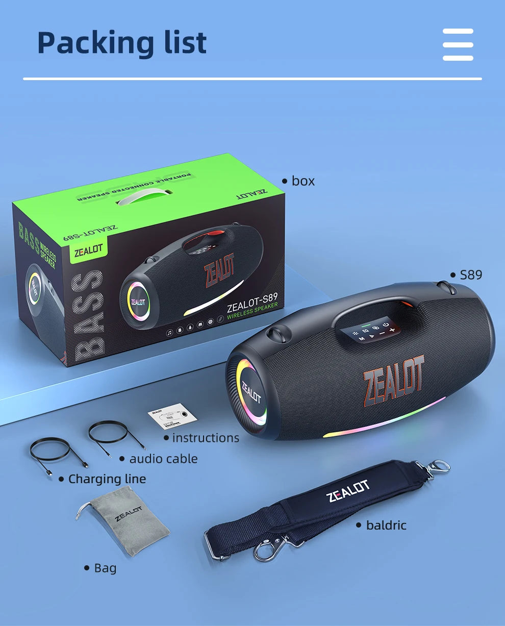 ZEALOT-S89 250W haut-parleur Bluetooth portable haut volume étanche 48000mAh sans fil TWS subwoofer Suporrt USB / TF / AUX RGB lumière.