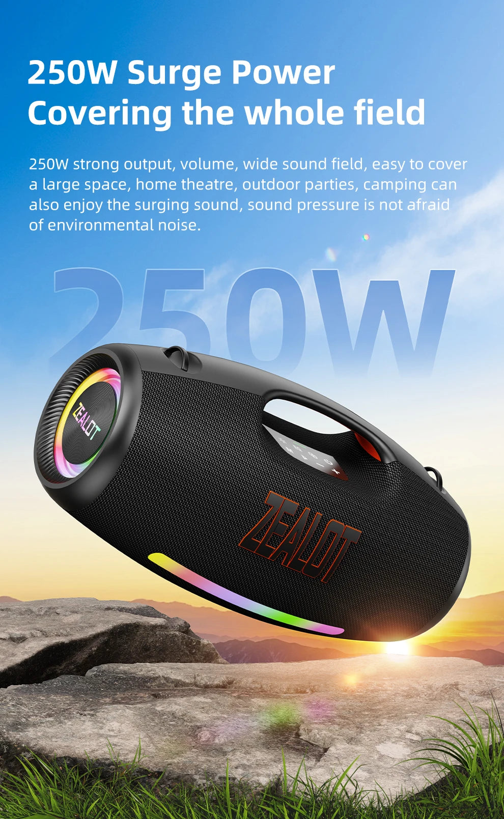 ZEALOT-S89 250W haut-parleur Bluetooth portable haut volume étanche 48000mAh sans fil TWS subwoofer Suporrt USB / TF / AUX RGB lumière.