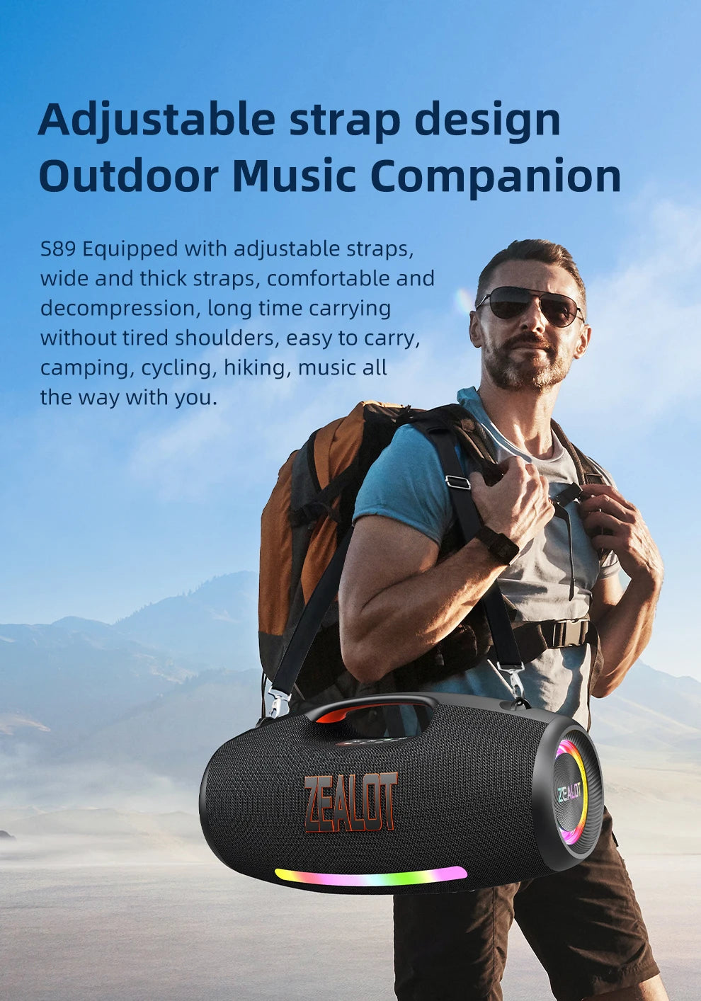ZEALOT-S89 250W haut-parleur Bluetooth portable haut volume étanche 48000mAh sans fil TWS subwoofer Suporrt USB / TF / AUX RGB lumière.