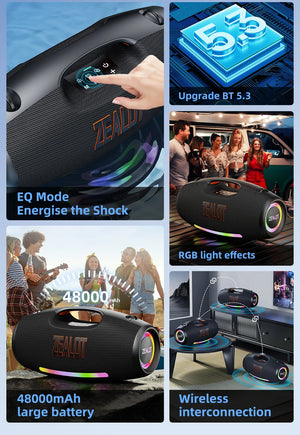 ZEALOT-S89 250W haut-parleur Bluetooth portable haut volume étanche 48000mAh sans fil TWS subwoofer Suporrt USB / TF / AUX RGB lumière.