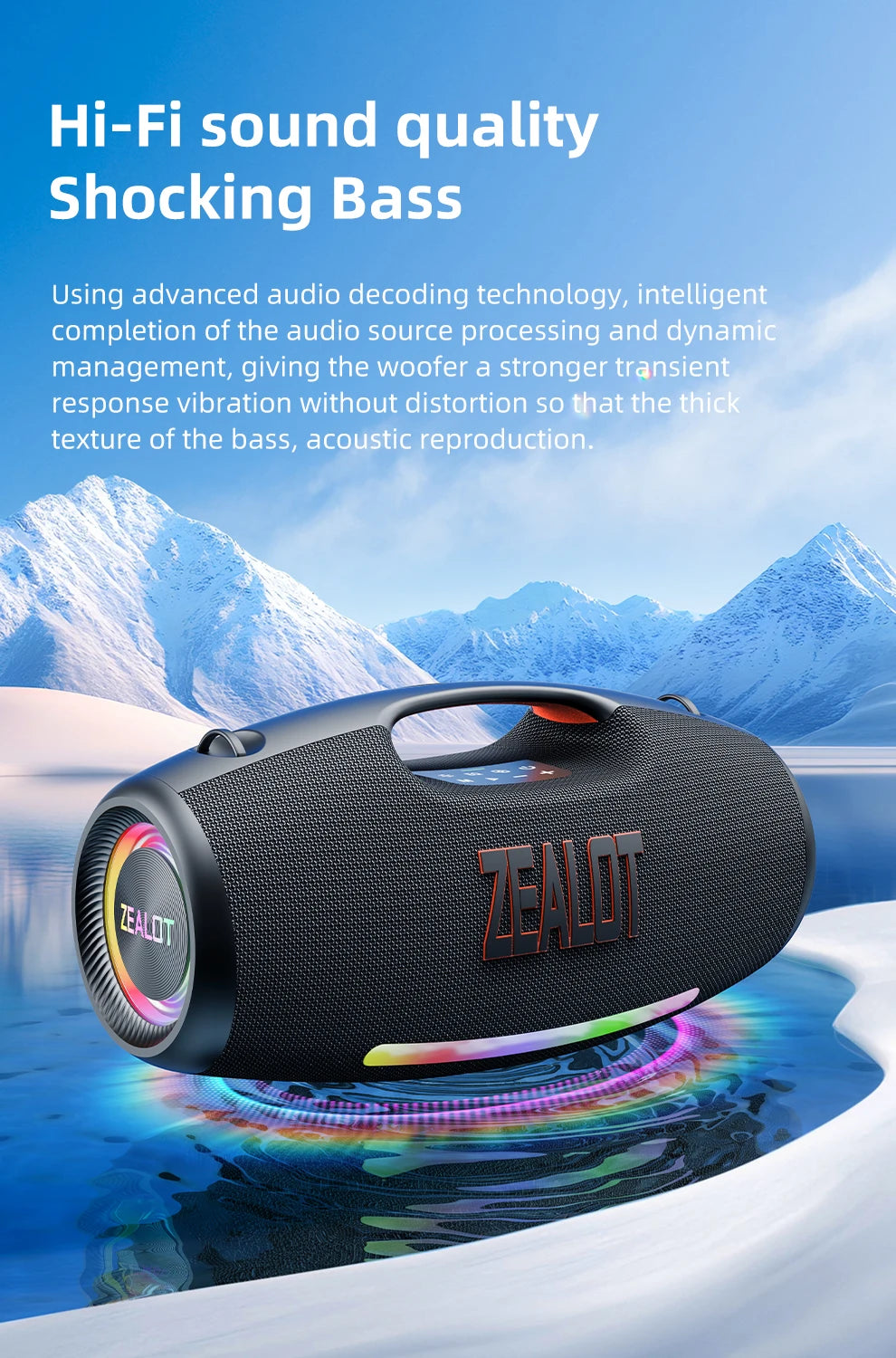 ZEALOT-S89 250W haut-parleur Bluetooth portable haut volume étanche 48000mAh sans fil TWS subwoofer Suporrt USB / TF / AUX RGB lumière.