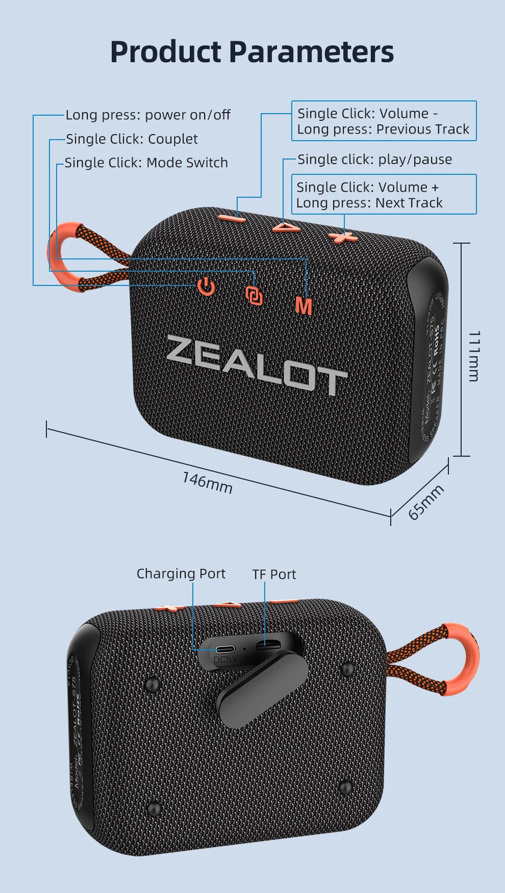 ZEALOT-S75 haut-parleur Bluetooth sans fil haut-parleur étanche Portable haut-parleurs extérieurs Sport basse son Mini caisson de basses