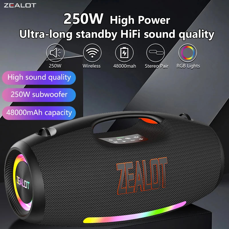 ZEALOT-S89 250W haut-parleur Bluetooth portable haut volume étanche 48000mAh sans fil TWS subwoofer Suporrt USB / TF / AUX RGB lumière.
