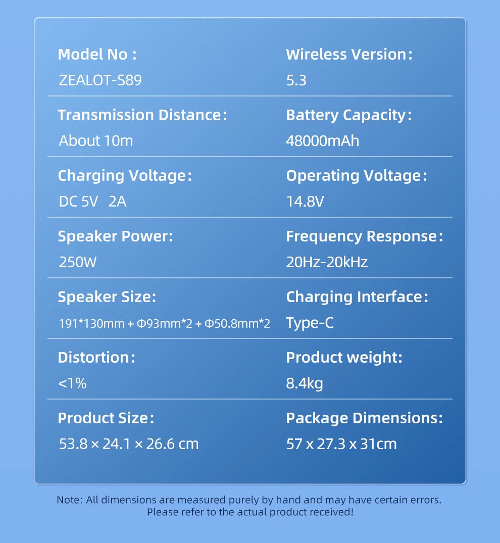 ZEALOT-S89 250W haut-parleur Bluetooth portable haut volume étanche 48000mAh sans fil TWS subwoofer Suporrt USB / TF / AUX RGB lumière.