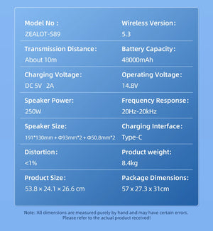 ZEALOT-S89 250W haut-parleur Bluetooth portable haut volume étanche 48000mAh sans fil TWS subwoofer Suporrt USB / TF / AUX RGB lumière.